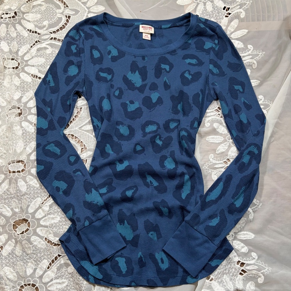 Y2K Grunge Henley Mossimo Blue Leopard Thermal Waffle Knit Long Sleeve Top M